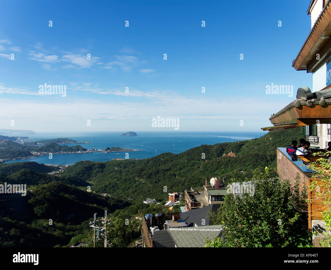 View of Shen-ao Fishing Harbor from Jiufen Scenic Area and Tea Houses at Jiufen Old Street, Ruifang District, Taiwan Stock Photo
