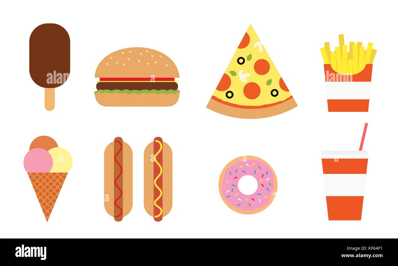 Colorful vector set of different fast food, isolated on white background Stock Vector