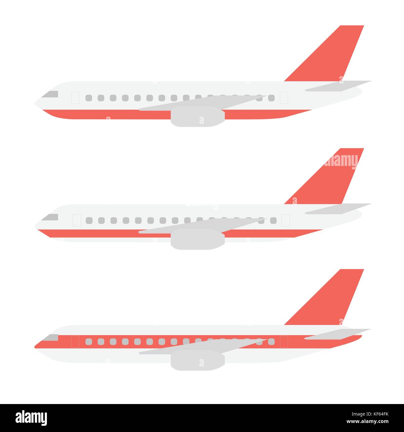 Set realistic transport aircraft or airliner with red stripes, wings and engines in flat design - vector Stock Vector