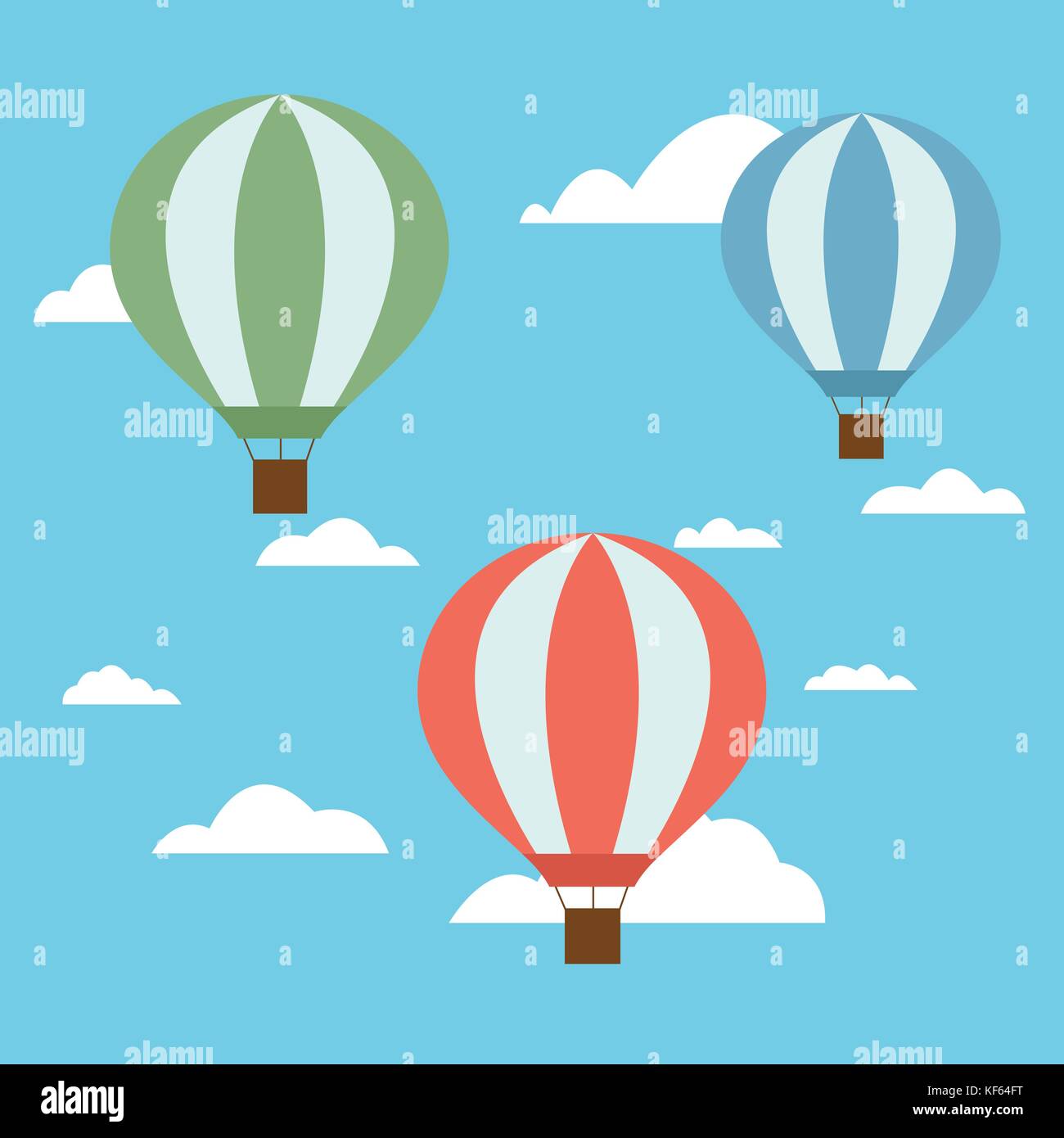 Set of three colorful hot air balloons of red green and blue colors with a basket and ropes flying high after a bright blue sky with white clouds - Ve Stock Vector