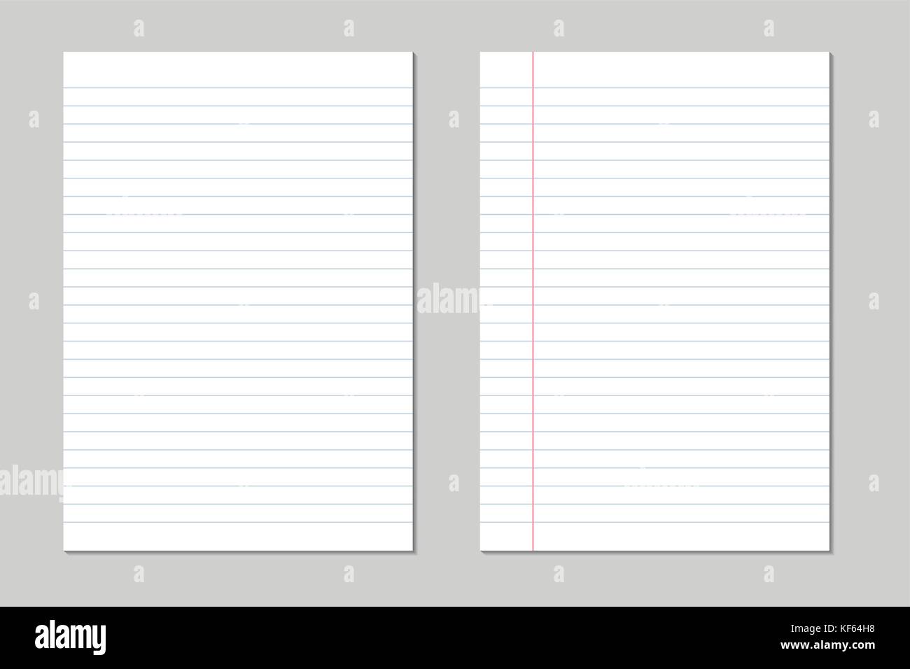 Set of vector sheets of lined paper with border isolated on a gray background Stock Vector