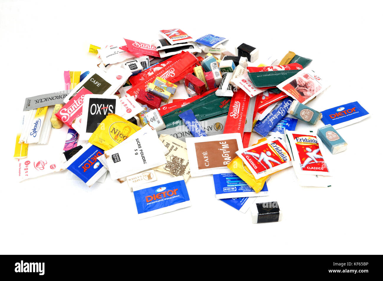 Collection of Sachets of Sugar from around the world Stock Photo