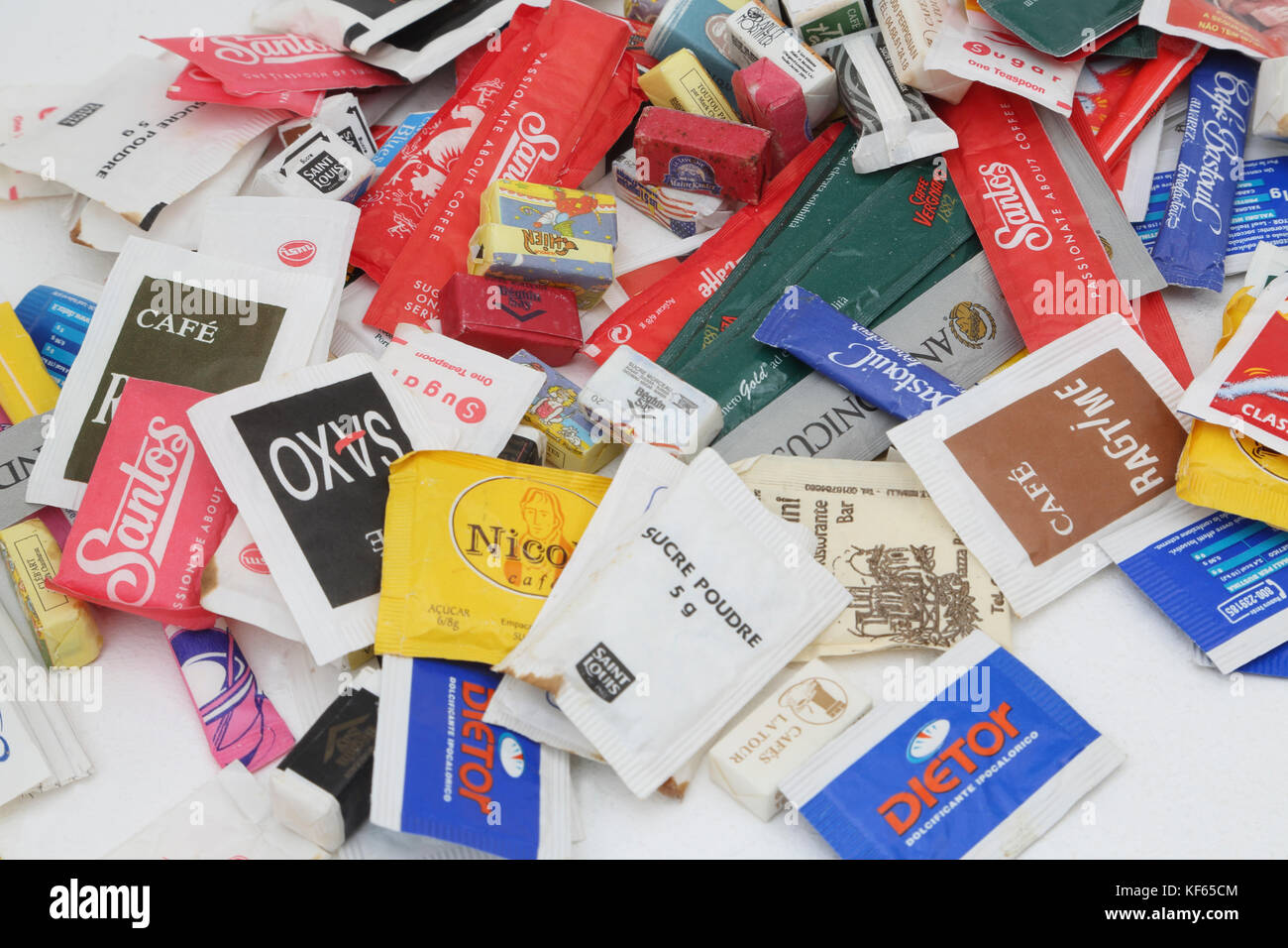 Collection of Sachets of Sugar from around the world Stock Photo