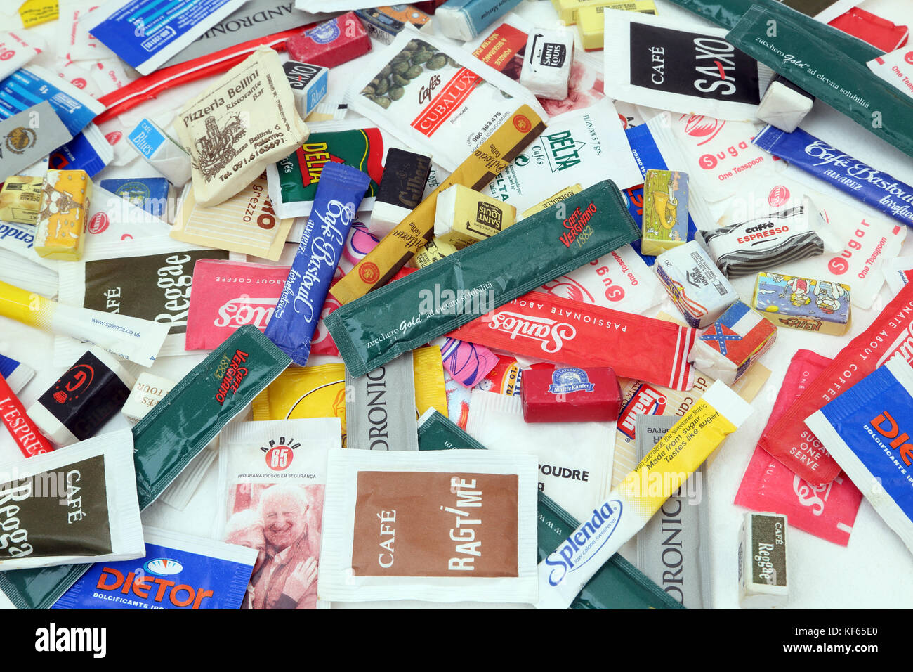 Collection of Sachets of Sugar from around the world Stock Photo