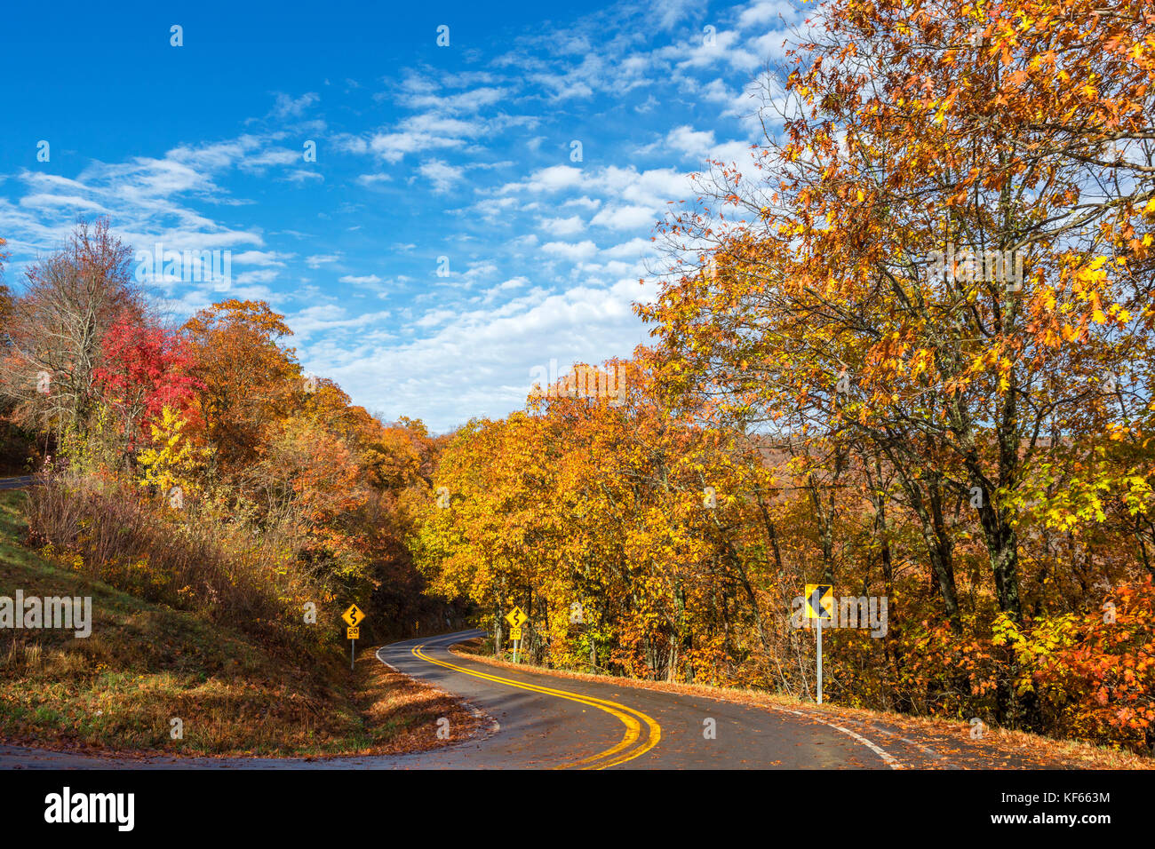 Ozark Mountains, Arkansas in the Fall. Country road, AR-103, through the Ozark National Forest north of Clarksville, Arkansas, USA. Stock Photo