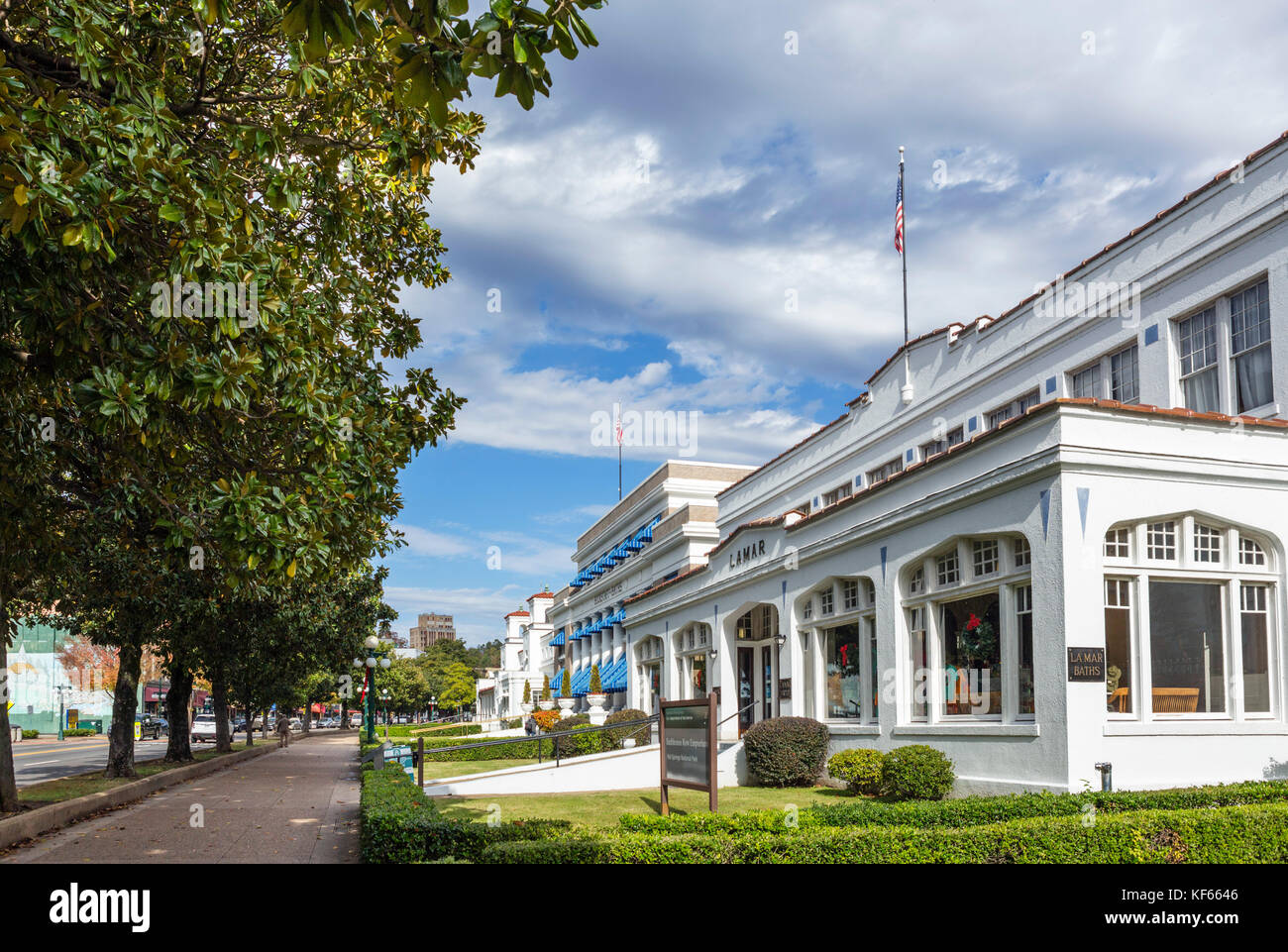 The historic Lamar and Buckstaff bath houses, Central Avenue ('Bathhouse Row'), Hot Springs, Arkansas, USA Stock Photo