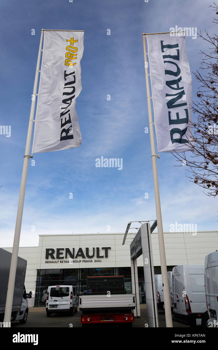 PRAGUE, CZECH REPUBLIC - OCTOBER 25: Renault company logo on dealership building on October 25, 2017 in Prague. Renault beat expectations when sales j Stock Photo