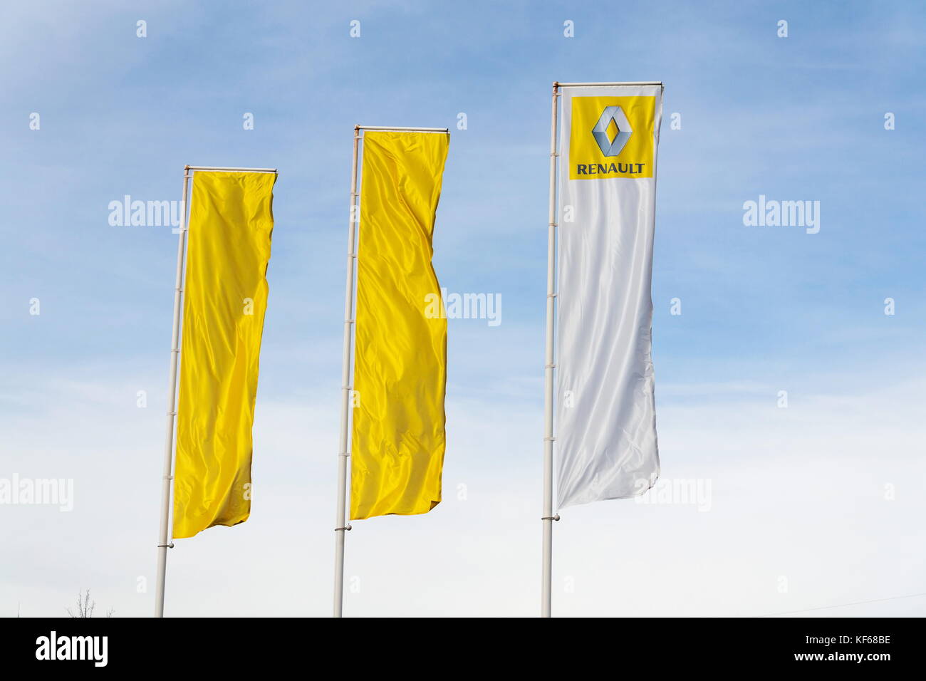 PRAGUE, CZECH REPUBLIC - OCTOBER 25: Renault company logo on dealership building on October 25, 2017 in Prague. Renault beat expectations when sales j Stock Photo