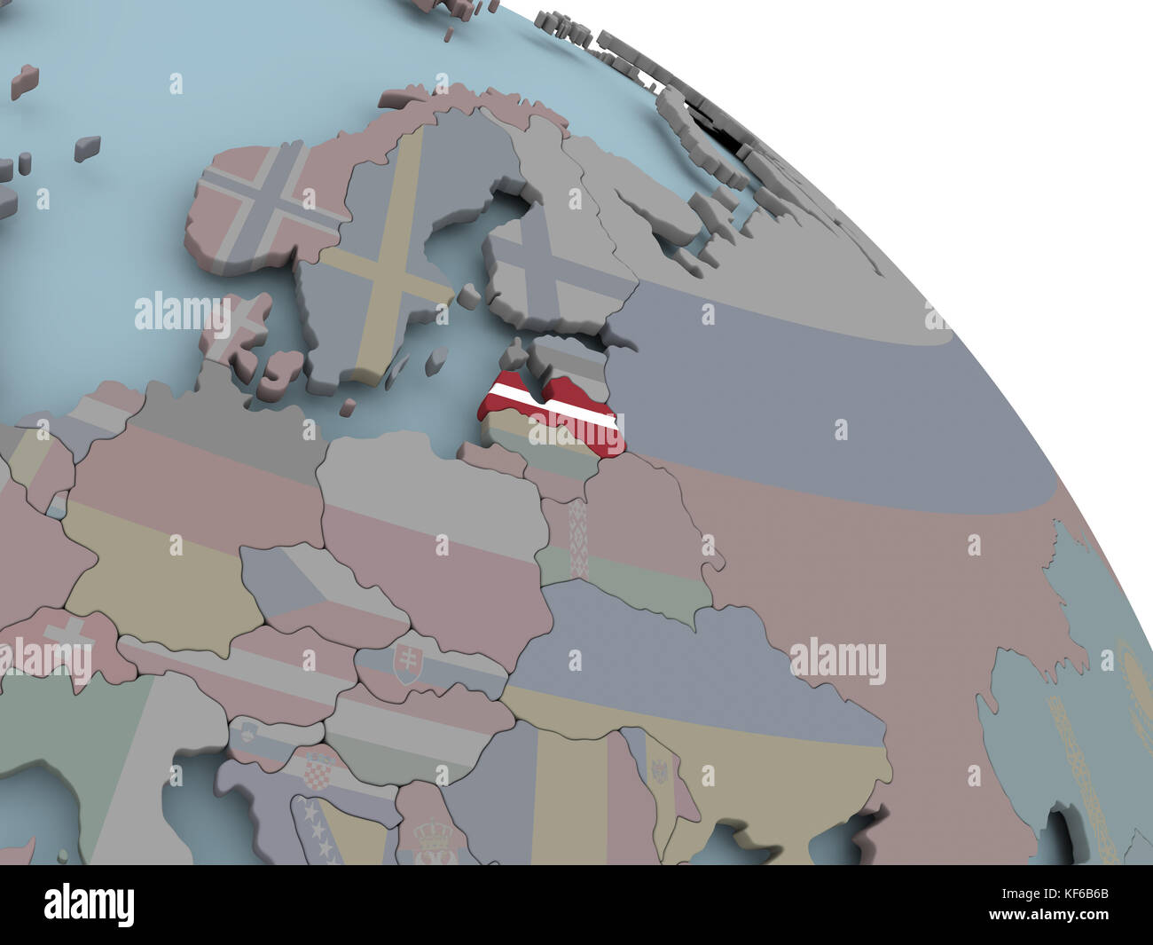 Illustration of Latvia on political globe with embedded flags. 3D ...