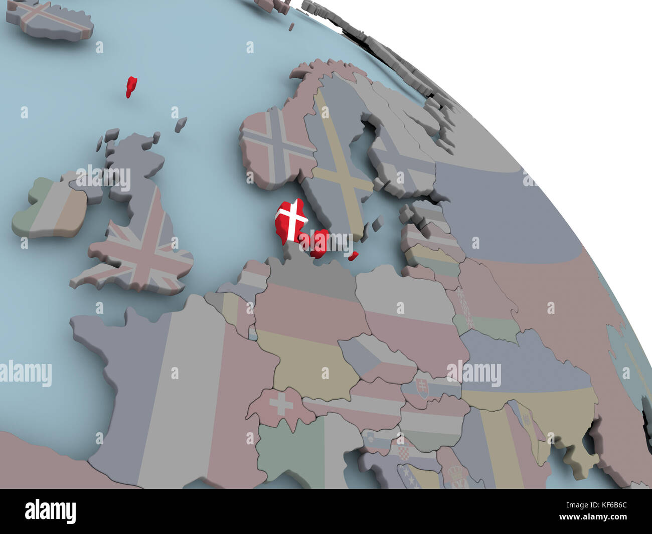 Illustration of Denmark on political globe with embedded flags. 3D ...