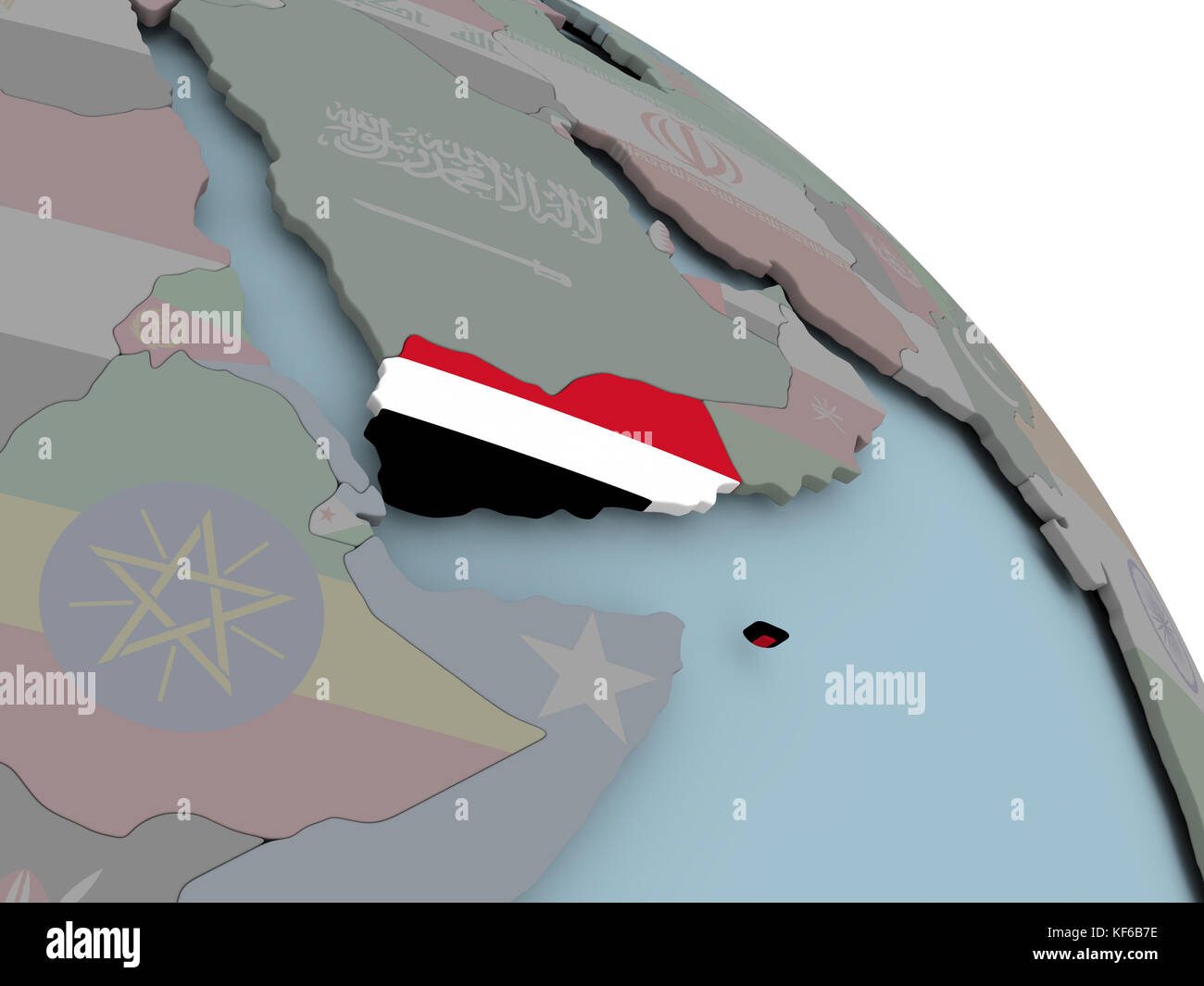 Illustration of Yemen on political globe with embedded flags. 3D ...