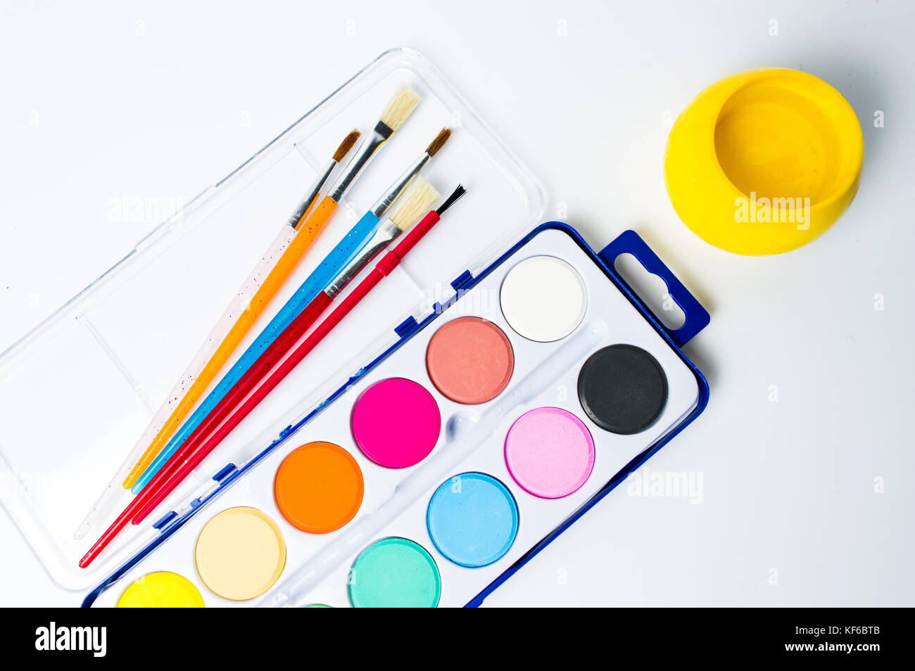 watercolors painting set with colorful brushes Stock Photo - Alamy