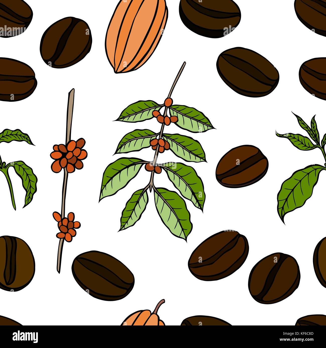 Vector seamless pattern of cocoa beans and leaves. Hand drawn colored ...