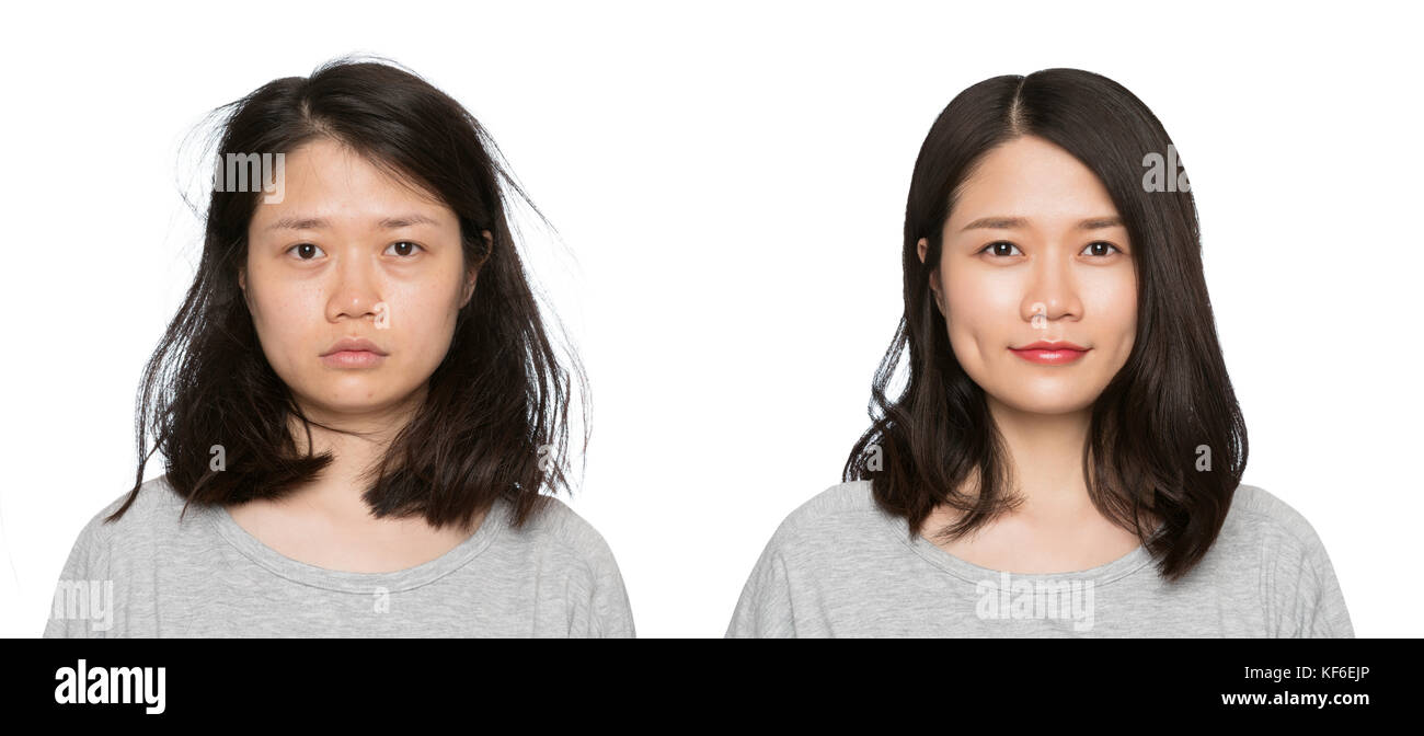Real result without retouching. Brunette woman before and after makeup.Set of two pictures of the same woman Stock Photo