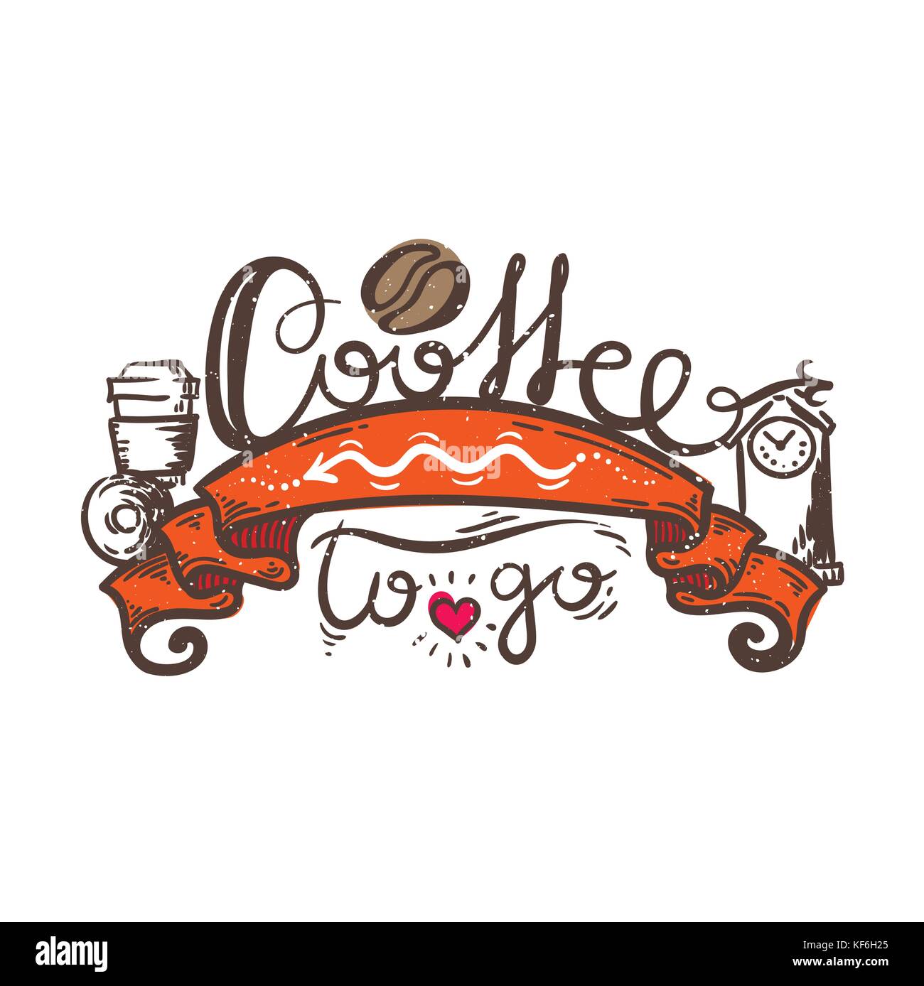 Doodle illustration with lettering Coffee to Go on ribbon. Vector image