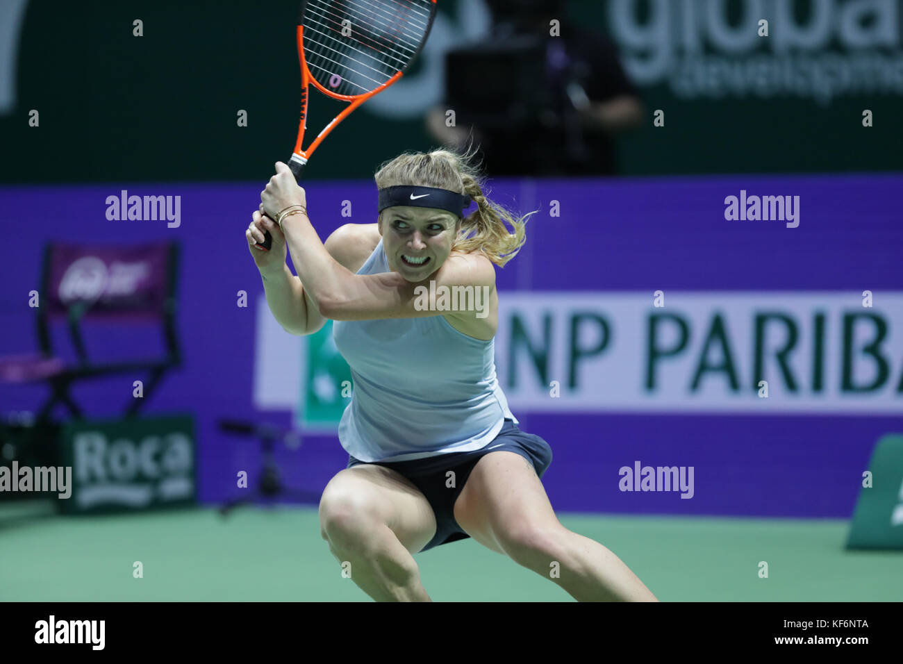 Singapore, Singapore. 25th Oct, 2017. Ukrainian tennis player Elina  Svitolina is in action during her first round robin match of the WTA Finals  vs French tennis player Caroline Garcia on Oct 25,