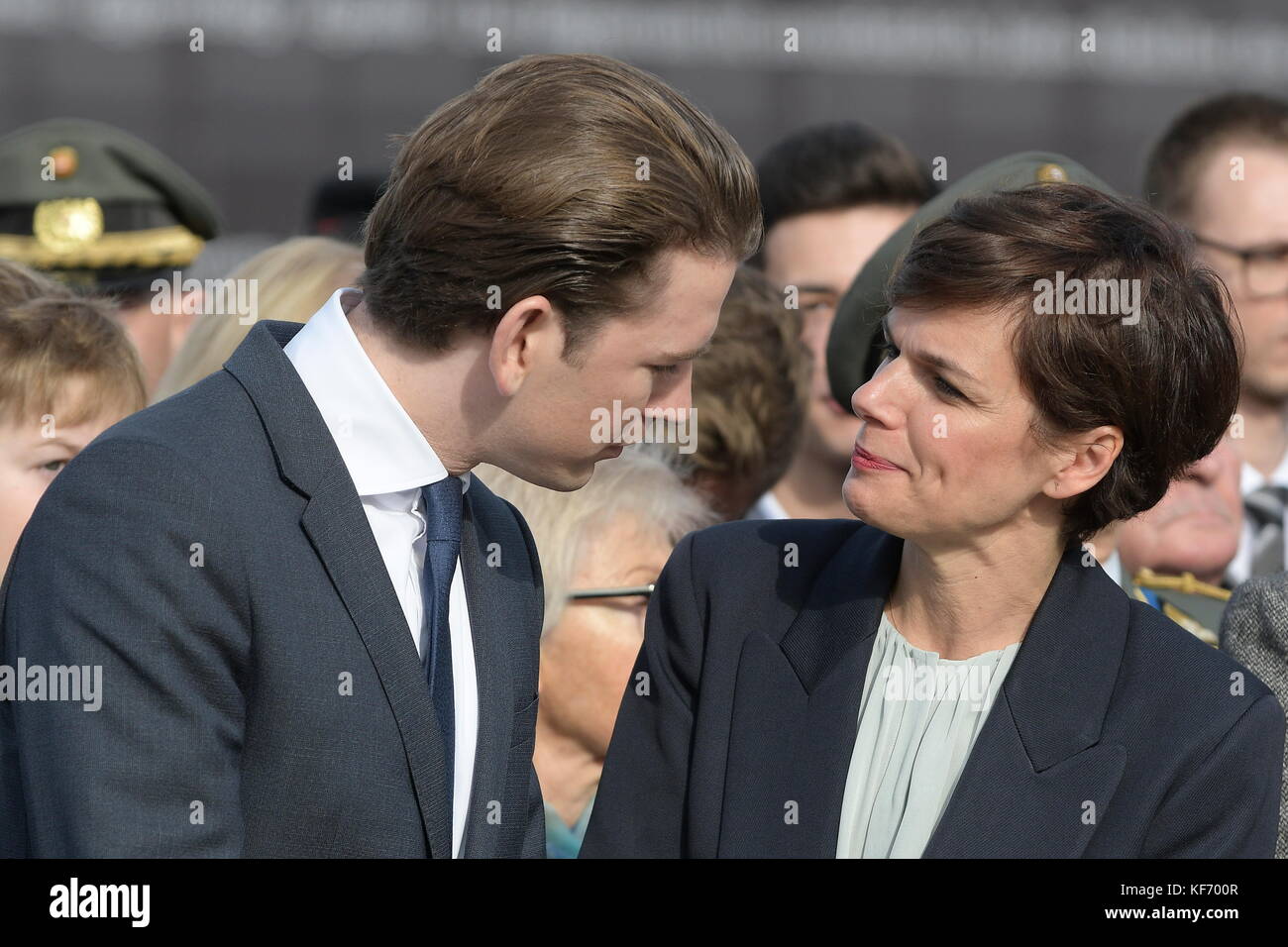 Vienna, Austria. 26 October 2017. Austrian National Day 2017 in the presence of the Federal President and the Austrian Federal Government at Heldenplatz in Vienna. Over 1000 recruits were engaged in the service in the army. In the picture Foreign Minister Sebastian Kurz (L) and Federal Minister Rendi Wagner (R). Credit: Franz Perc / Alamy Live News Stock Photo