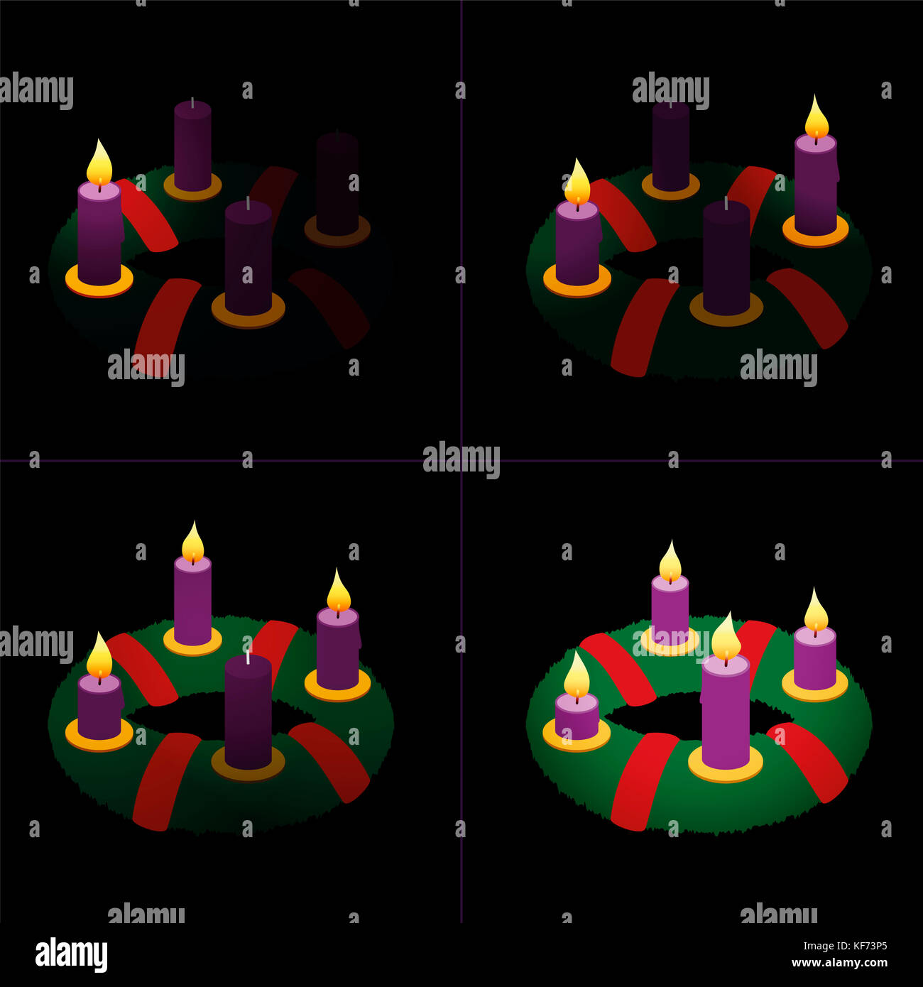 Advent wreath on first, second, third and fourth Sunday of Advent with one, two, three and four lighted purple candles in different lengths. Stock Photo