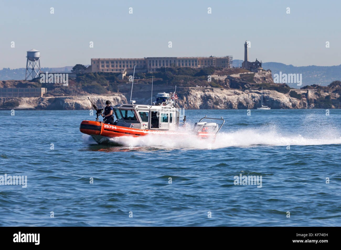 Coast Guard MSST in a Defender-class boat, aka Response Boat – Small (RB-S), patrols San Francisco Bay during 2017 Fleet Week activities. Stock Photo