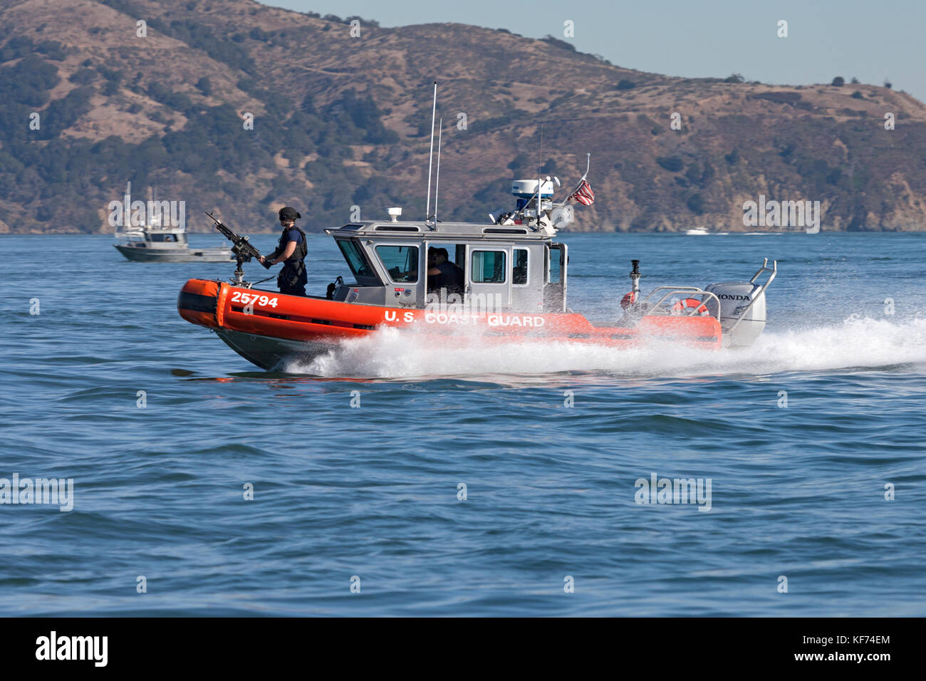 Coast Guard MSST in a Defender-class boat, aka Response Boat – Small (RB-S), patrols San Francisco Bay during 2017 Fleet Week activities. Stock Photo