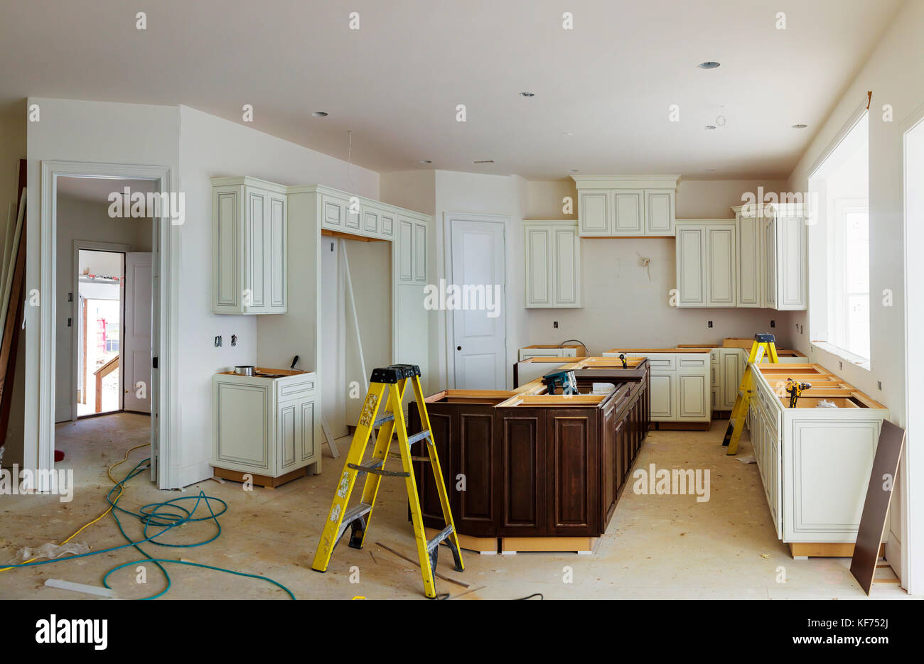 Installation of kitchen. Custom kitchen in various stages of installation base for