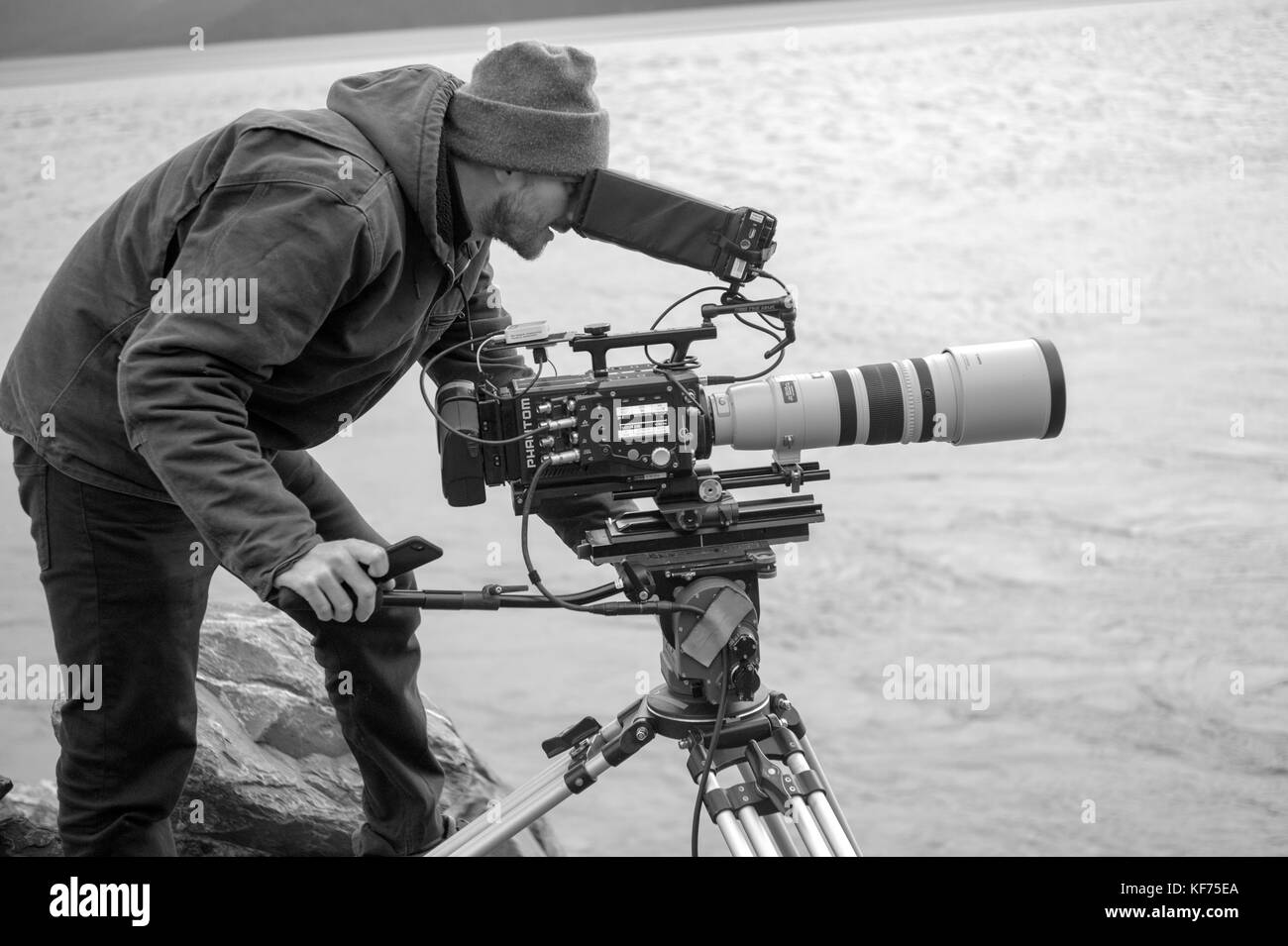 Nick Sevander, DP. working with the Phantom 4K high speed videw camera for some specialized slow motion video of wildlife in Alaska USA. Stock Photo