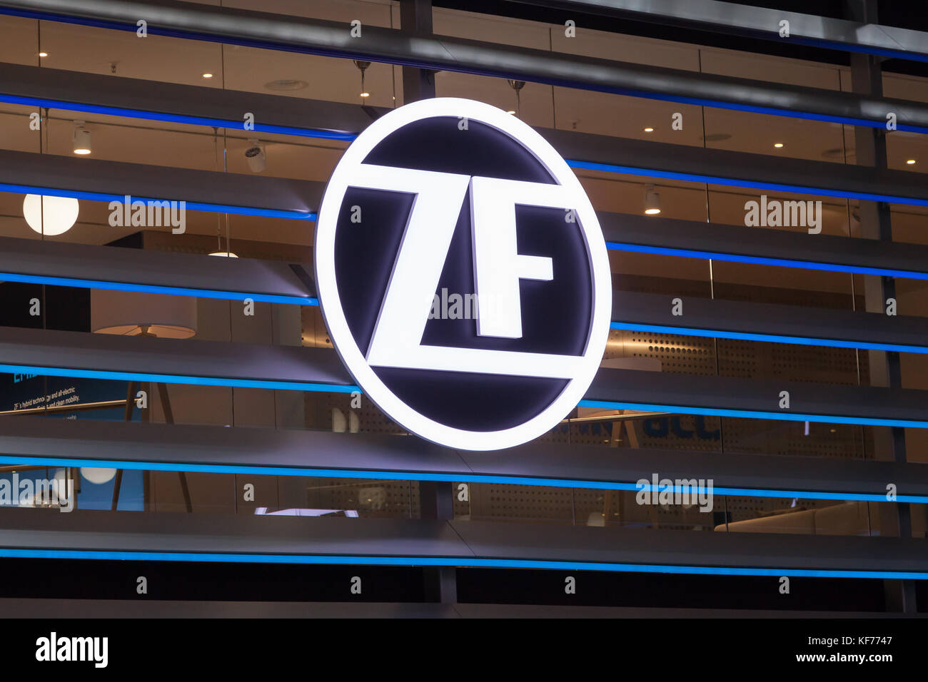 Frankfurt, Germany - Sep 20, 2017: ZF Friedrichshafen autmotive supplier corporate logo at the IAA 2017 at the Frankfurt International Motorshow 2017 Stock Photo