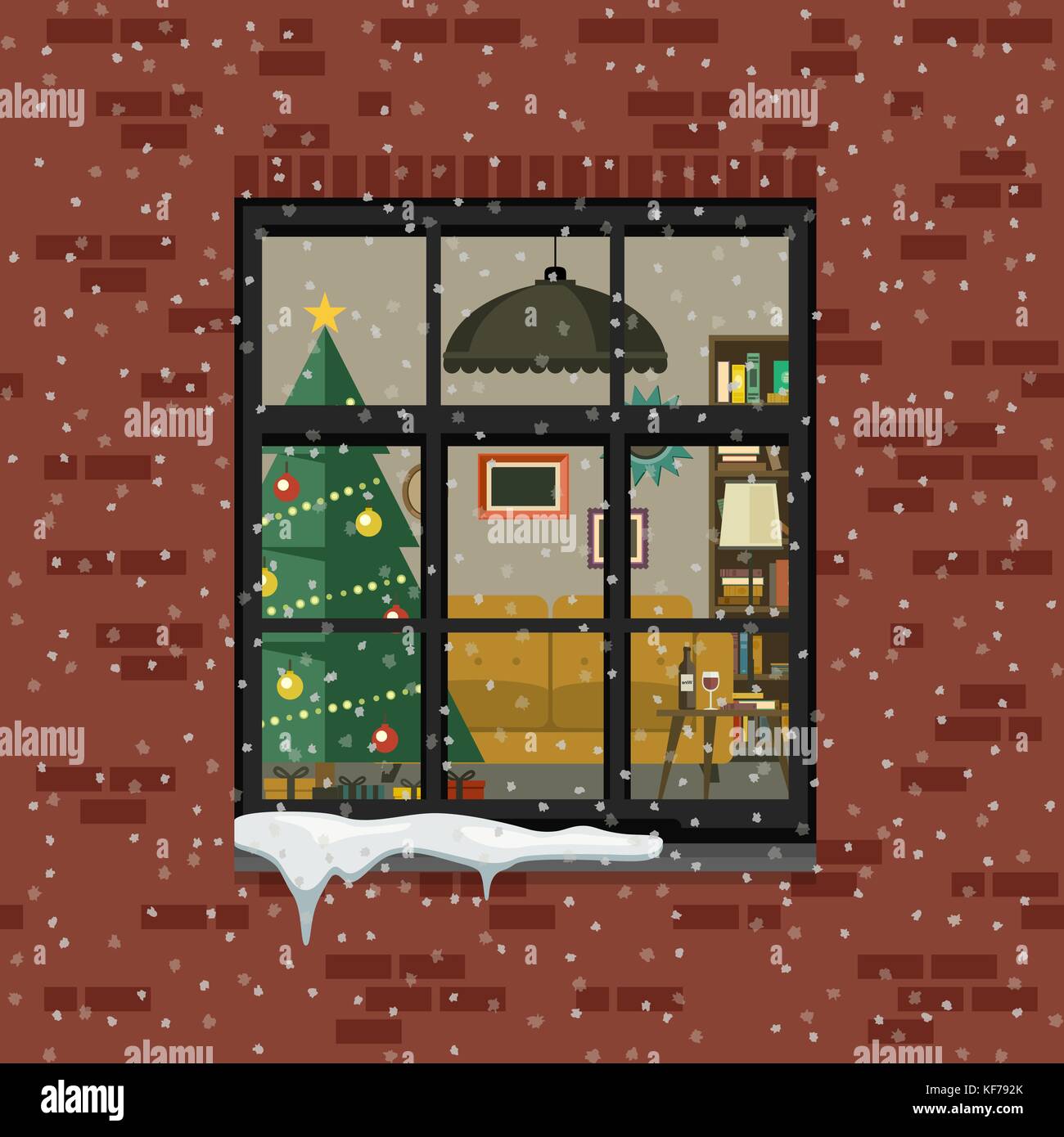 Christmas window in brick wall. Stock Vector