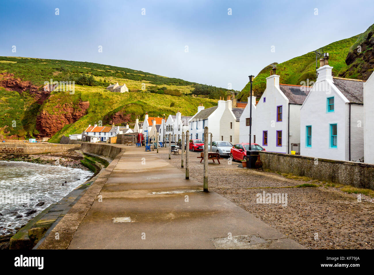 Looking east along the row of seafront cottages in the small Scottish