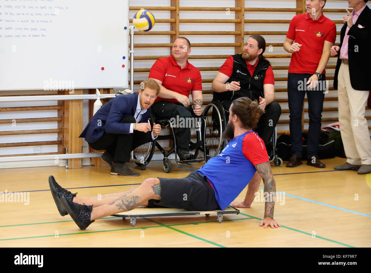 Prince Harry watches a Rolling Floorball match, a sport invented by Danish veterans at the Copenhagen Danish Veterans Centre, which uses sport to aid rehabilitation from injury, in Copenhagen during his official visit to Denmark. Stock Photo
