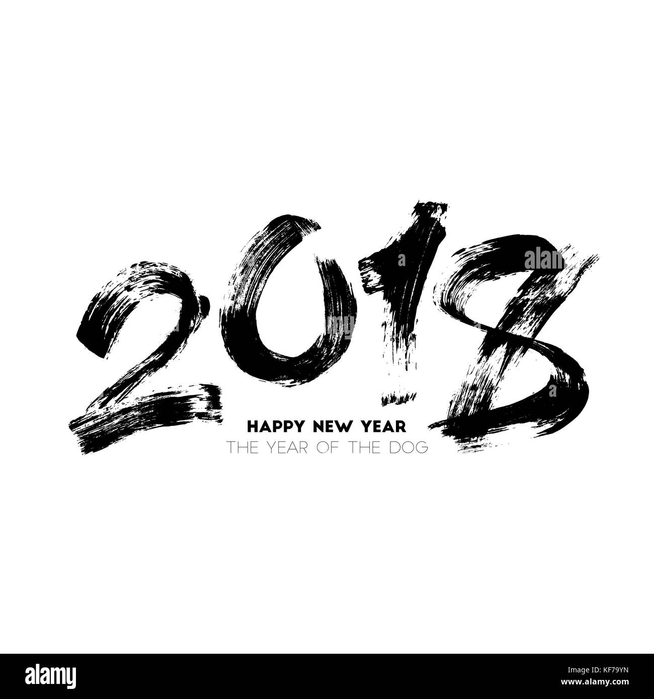 Brush painted vector illustration of the 2018 New Year. The year of the dog. Handwritten lettering isolated on white background for your design Stock Vector