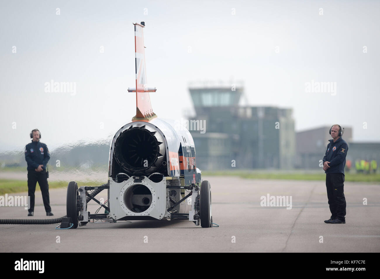 The engines are started on the Bloodhound 1,000mph supersonic racing car during its first public run at Cornwall Airport, near Newquay. Stock Photo