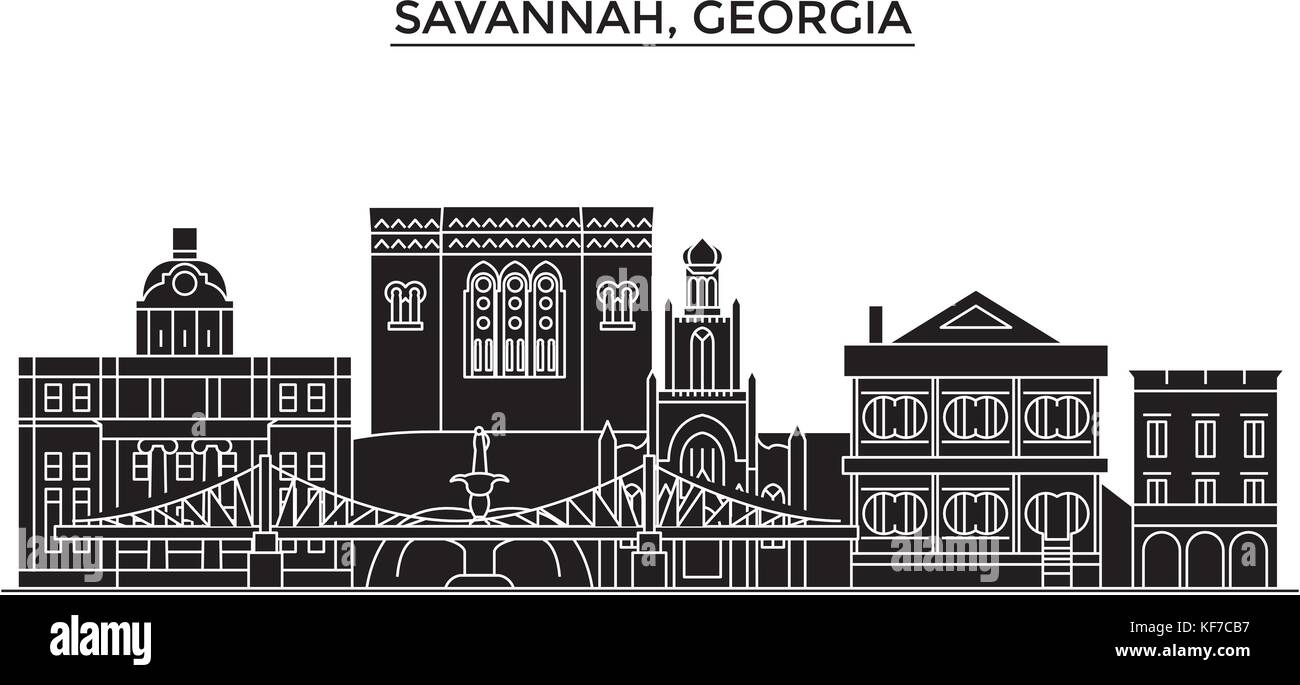 Usa, Savannah, Georgia architecture vector city skyline, travel cityscape with landmarks, buildings, isolated sights on background Stock Vector