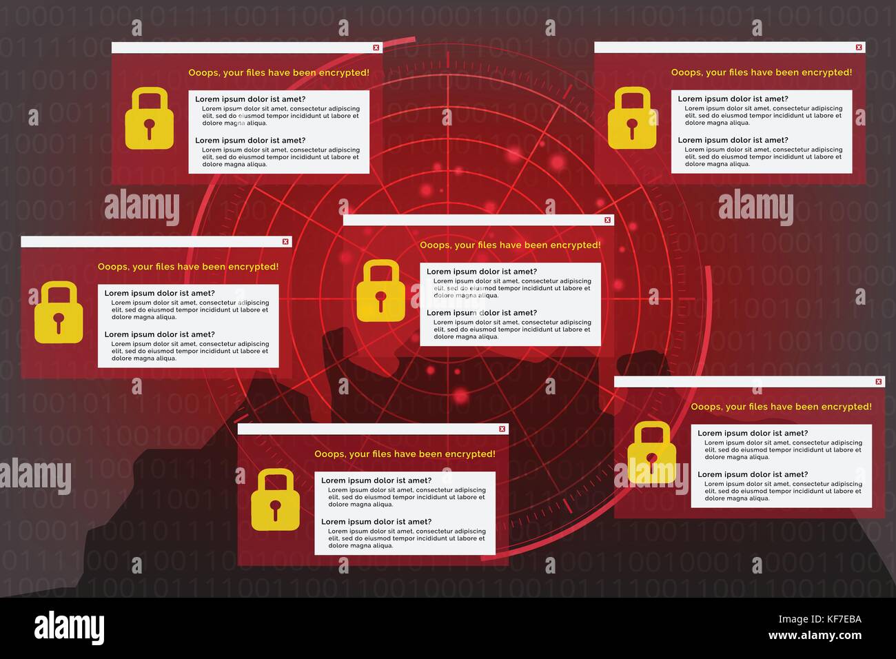 Illustration of radar detection on malware virus computer on background data that encrypt binary code. Hacker ransom malware in computer. Stock Vector