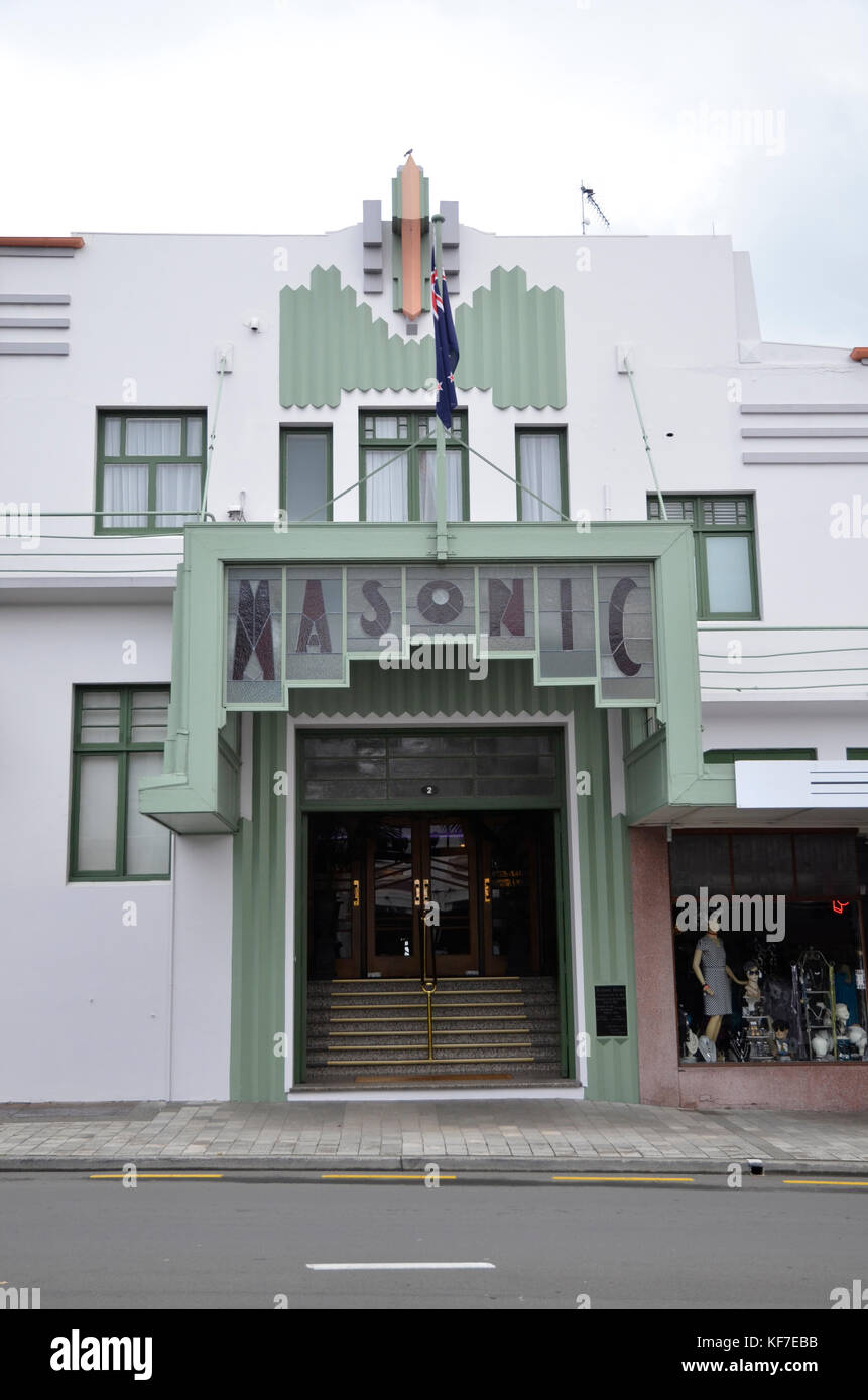 The Masonic Hotel, an Art Deco style building in Napier, New Zealand. The city was rebuilt in Art Deco style after a disastrous earthquake . Stock Photo