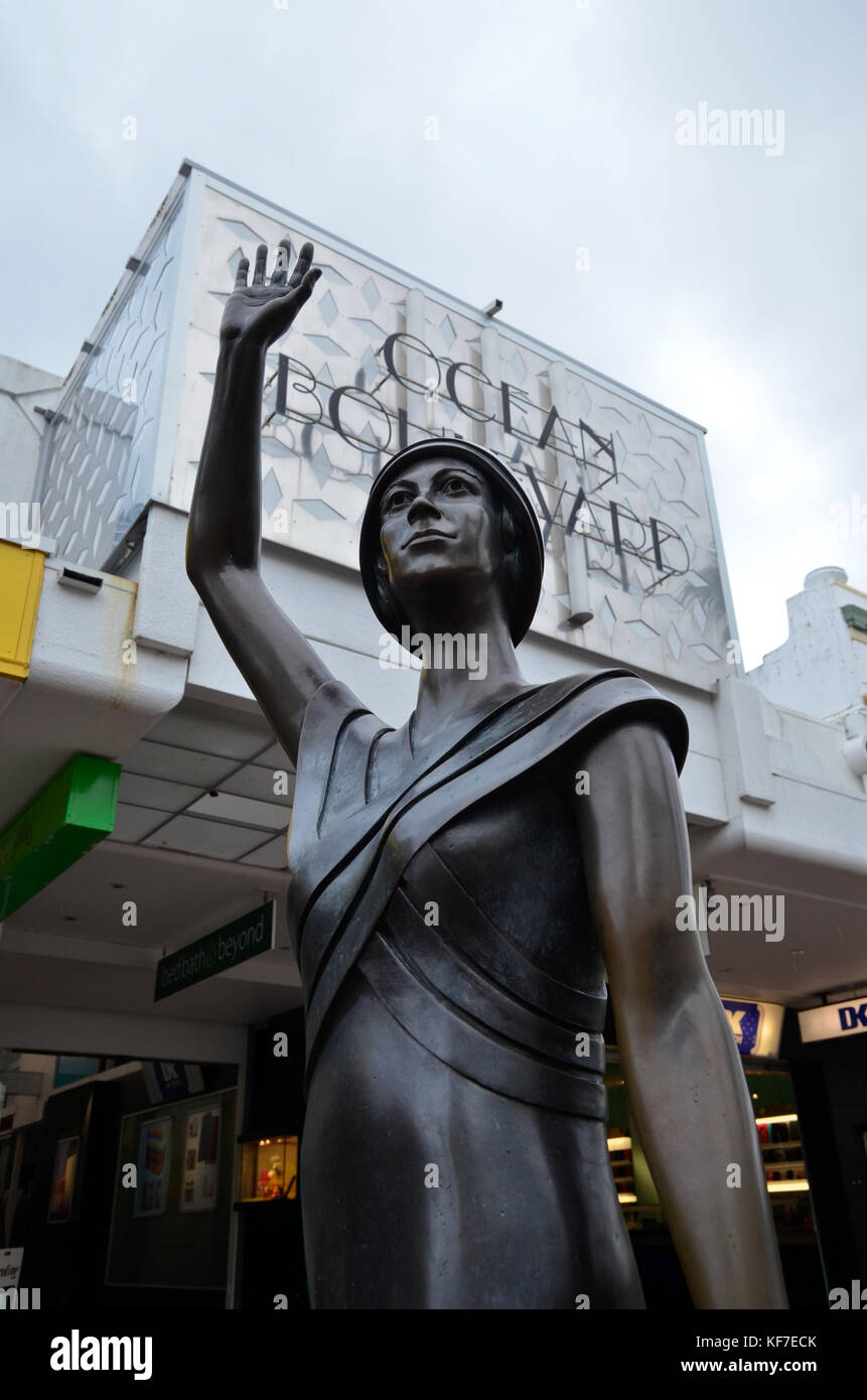A statue of a flapper girl outside the Ocean Boulevard shopping area in Napier, New Zealand. Stock Photo