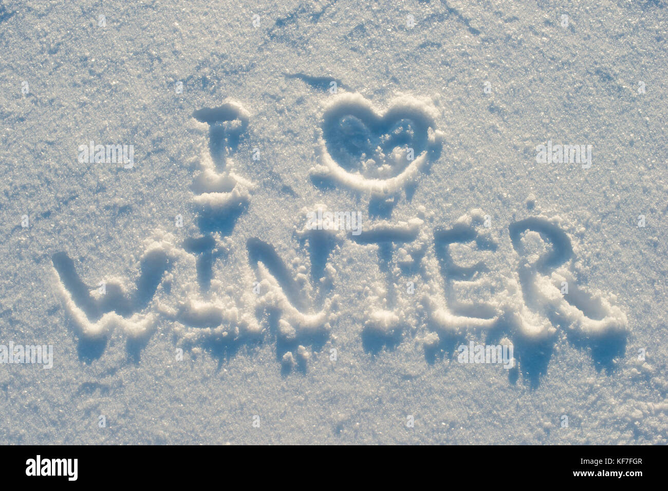 I love winter handwritten on pure snow surface outdoor Stock Photo
