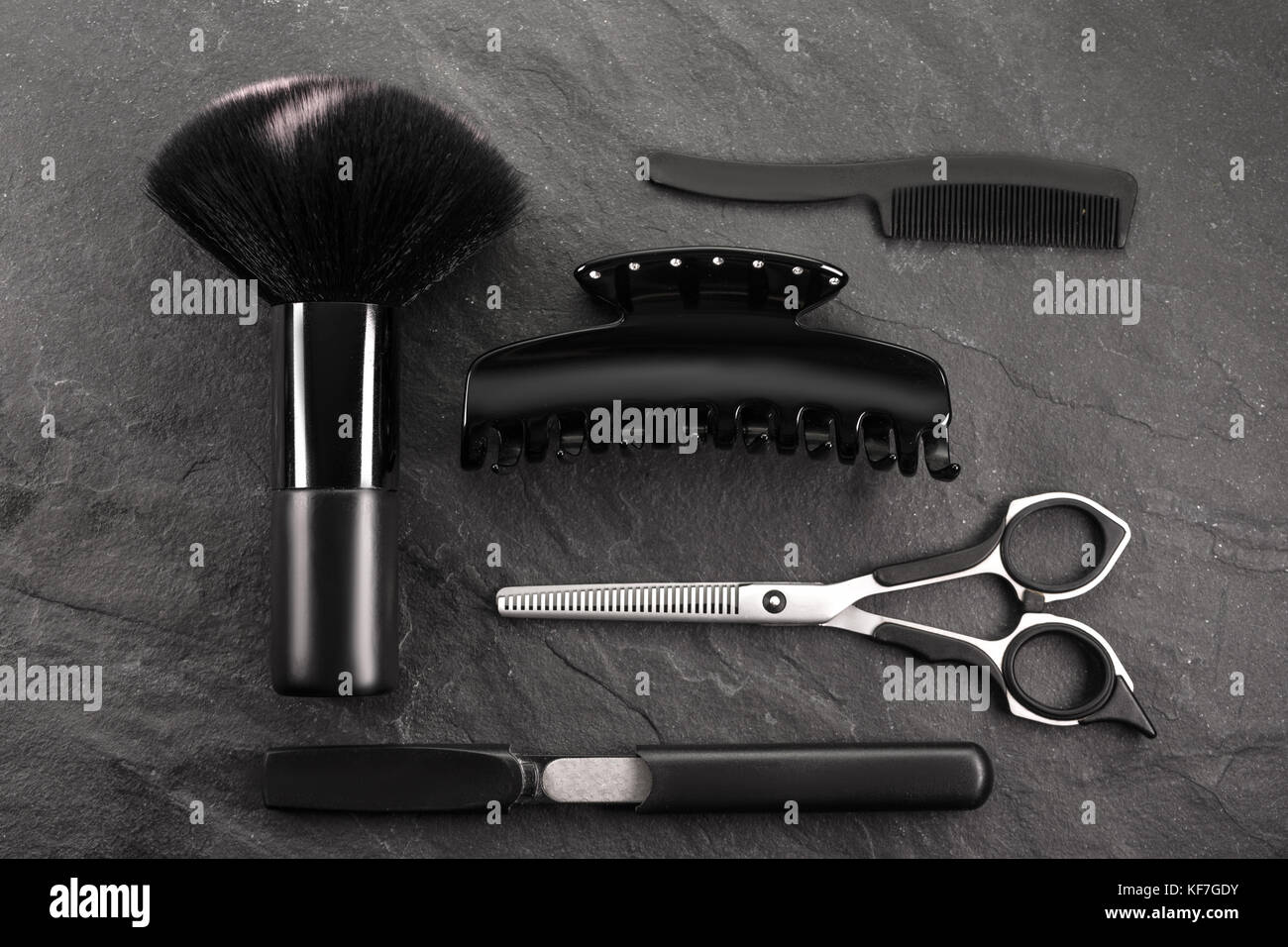 Set for stylist on black stone, black Friday horizontal Stock Photo