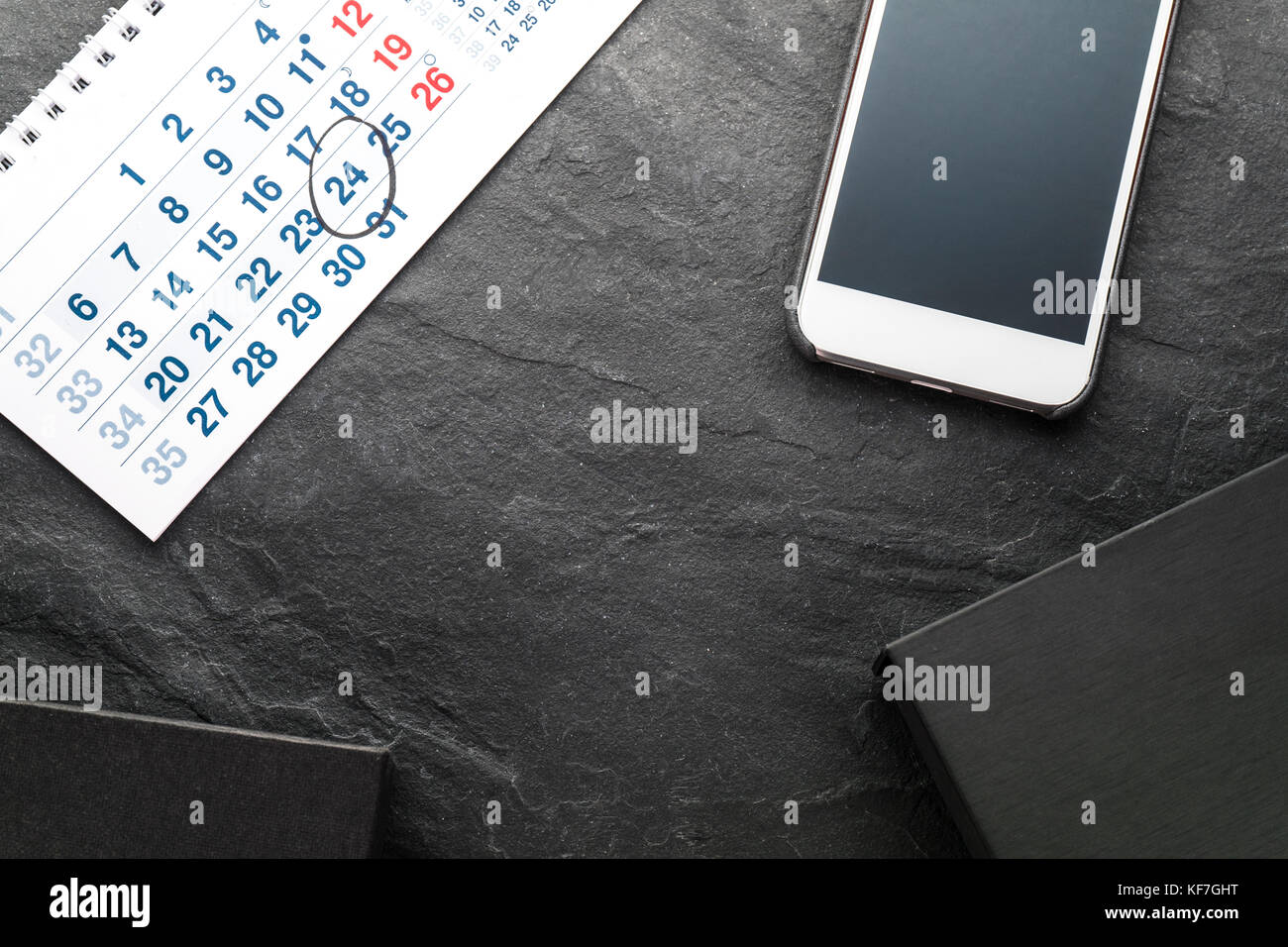 Frame from calendar, phone and gift boxes horizontal Stock Photo