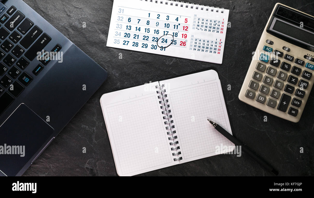 Calculator and computer, notebook and calendar free space horizontal Stock Photo