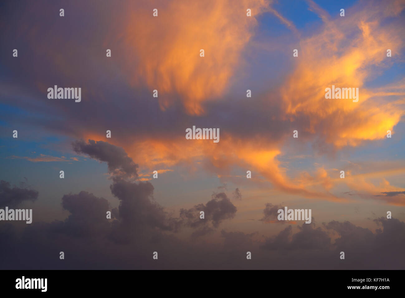 Sunset sky with orange golden clouds on blue background Stock Photo - Alamy