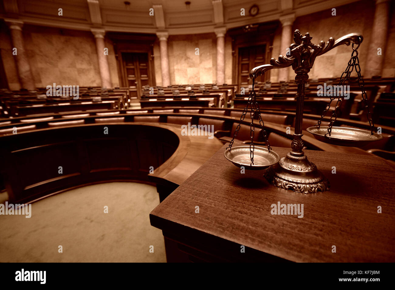 Symbol of law and justice in the empty courtroom, law and justice concept. Stock Photo