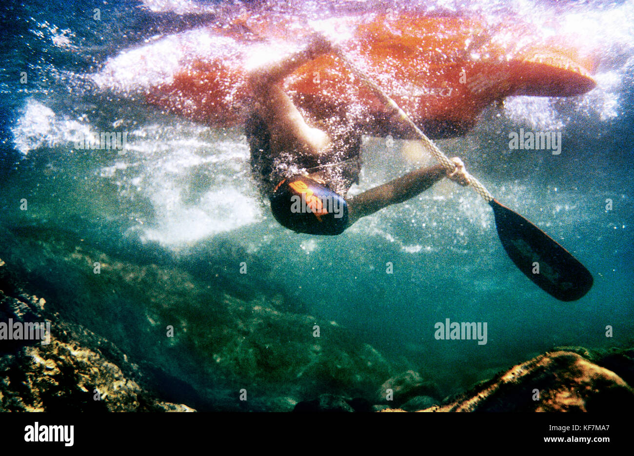 USA, California, Forks of Salmon, kayaker shot from underwater, Salmon