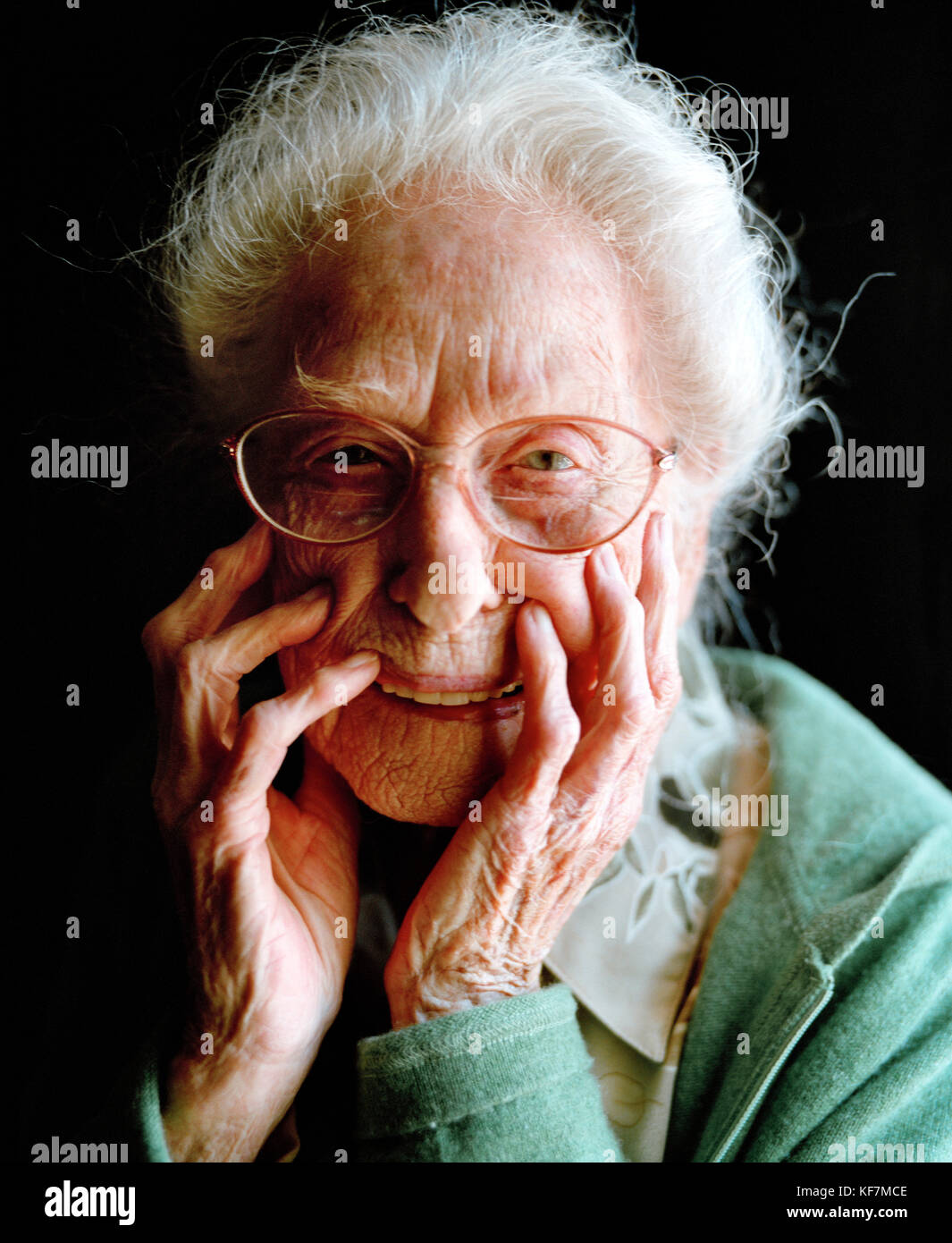 USA, California, Eureka, portrait of a 103 year old woman on a black background Stock Photo