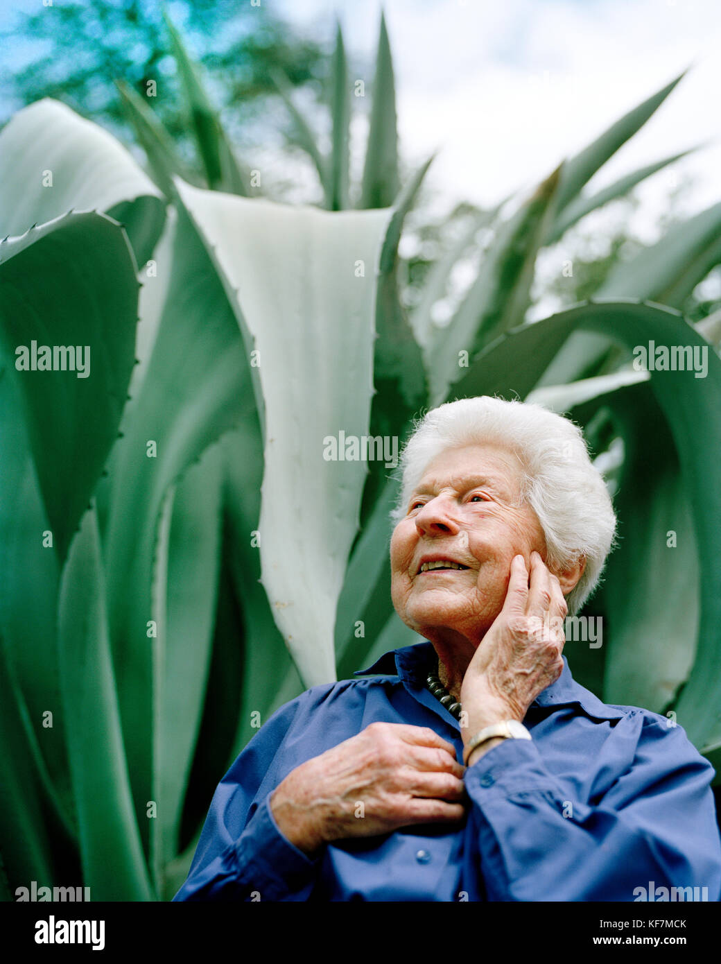 USA, California, happy 100 year old woman at the Bancroft Gardens Stock