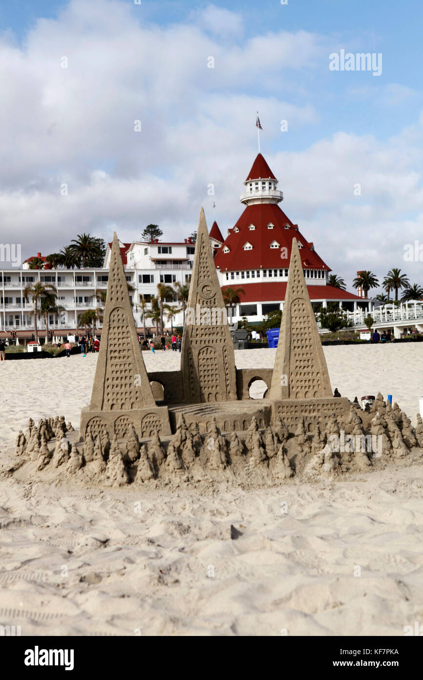 USA, California, San Diego, USA, California, San Diego, sand castle built  on the beach in front of Hotel Del Coronado Stock Photo - Alamy