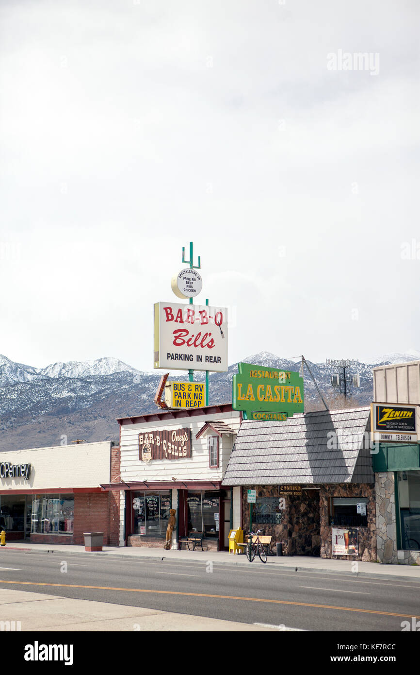 USA, California, Mammoth, stores and restaurants along the main street