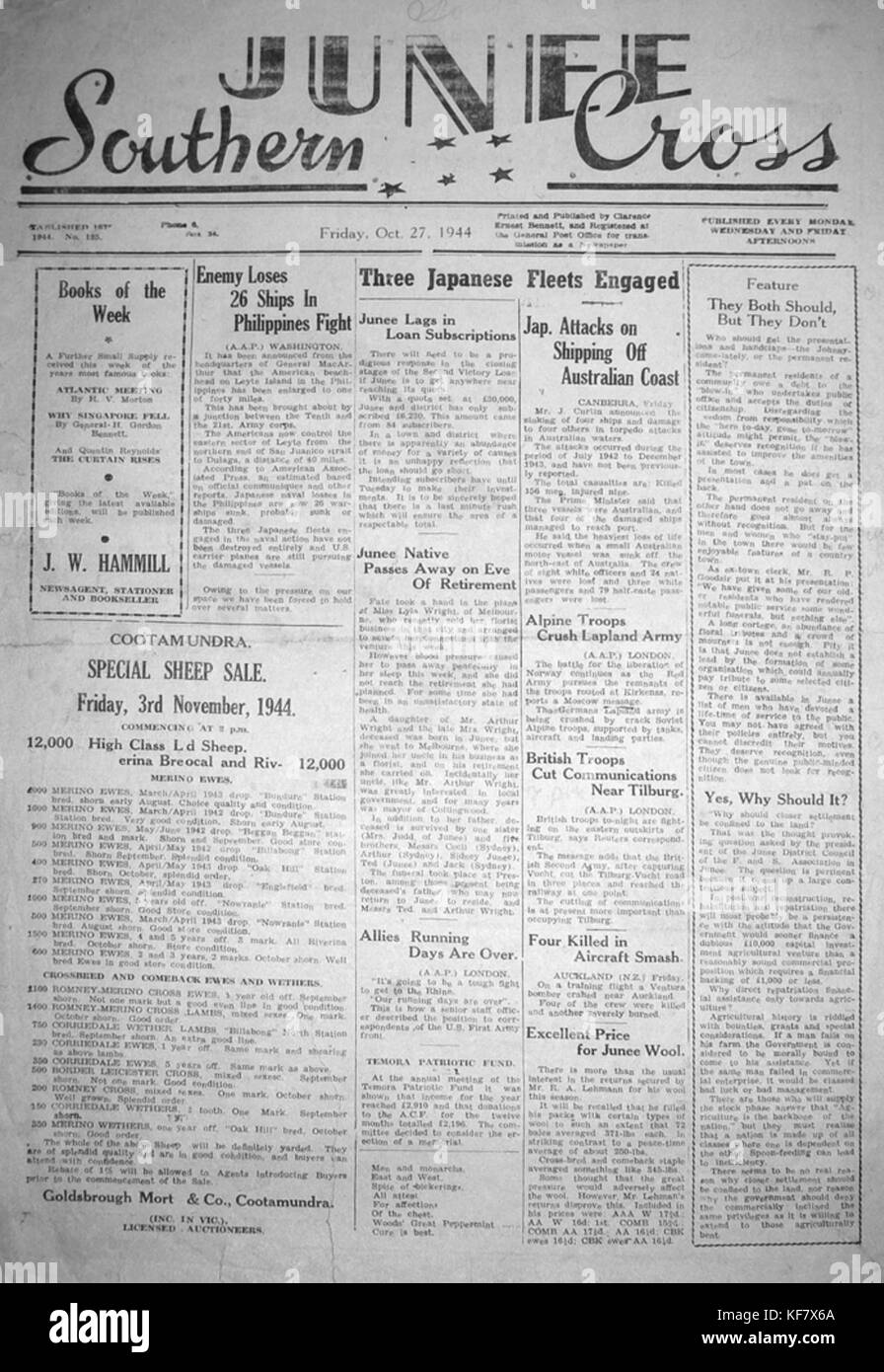 Front page of the Junee Southern Cross newspaper on 27 Oct 1944 Stock