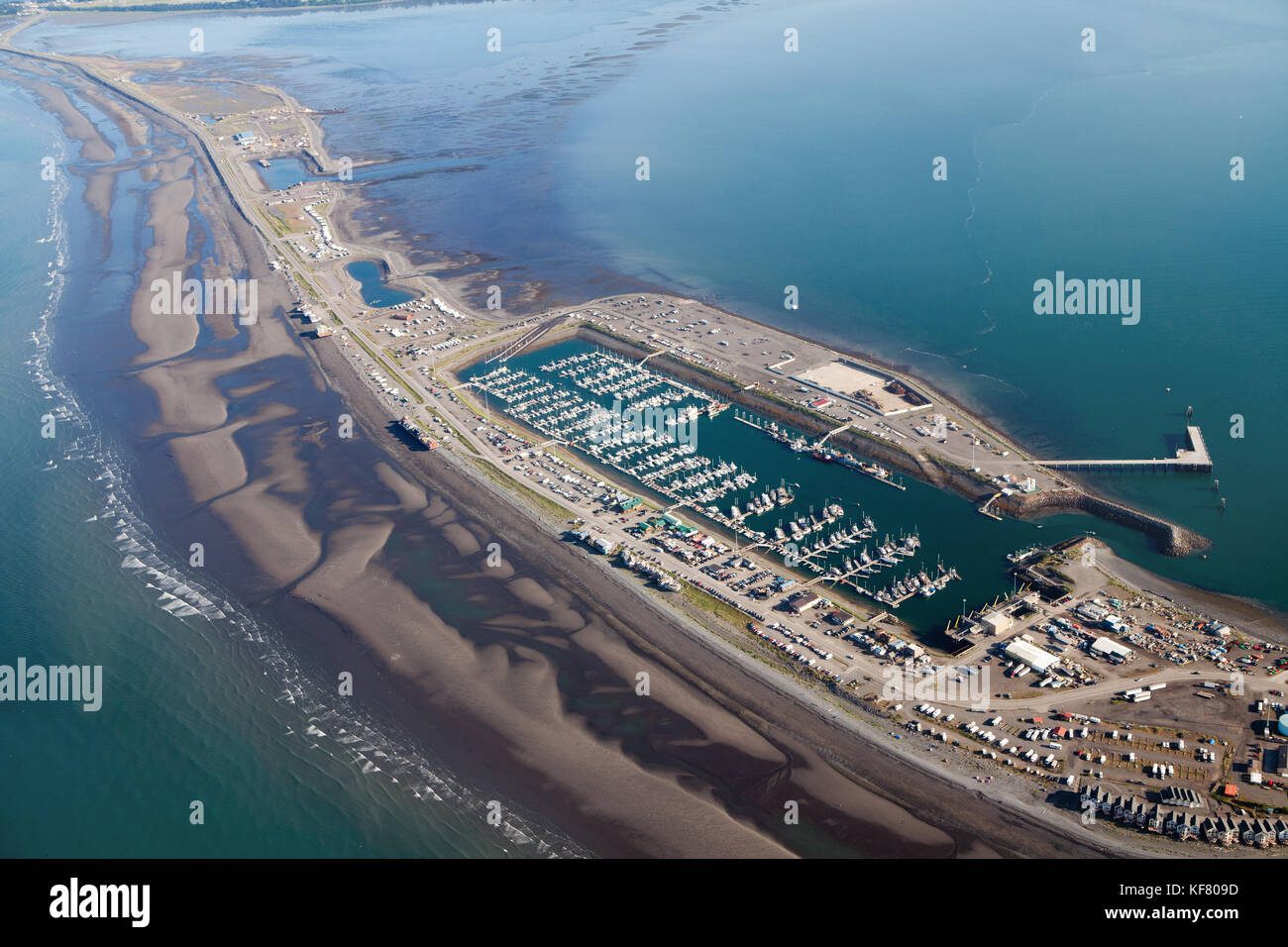 USA, Alaska, Homer, an aerial view of the Homer Spit and marina, Kachemak Bay Stock Photo