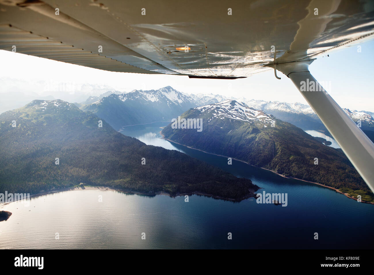 USA, Alaska, Homer, aerial view of Kachemak Bay State Park and Wilderness, Kenai mountains and Sadie Cove Stock Photo